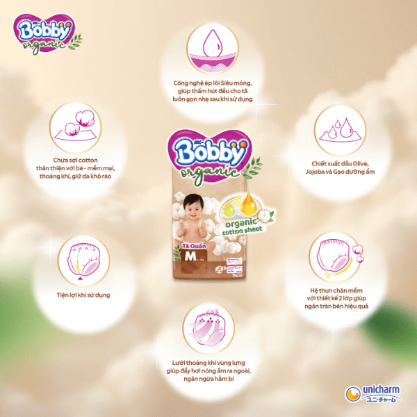 Tã quần Bobby Organic cao cấp cho bé - Chính hãng Unicharm Nhật Bản