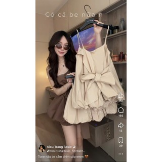 Set Bộ Đồ Nữ Áo 2 Dây Bí Phồng Phối Dây Nơ TO Mix Chân Váy Bí Phồng Gấu