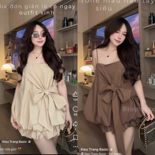 Set Bộ Đồ Nữ Áo 2 Dây Bí Phồng Phối Dây Nơ TO Mix Chân Váy Bí Phồng Gấu