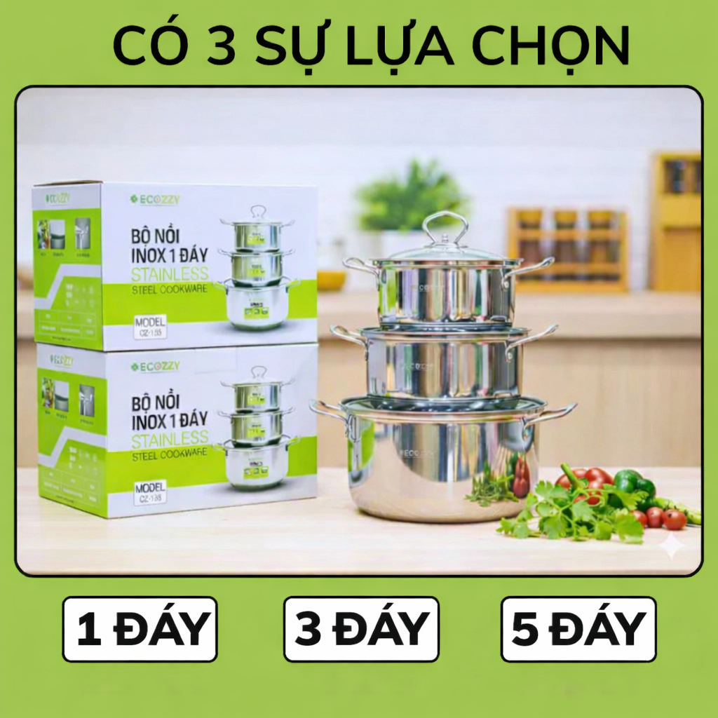 Bộ 3 nồi ECOZZY chất liệu inox 410 chống dính, chống rỉ kích thước 18-20-24cm dùng được mọi loại bếp