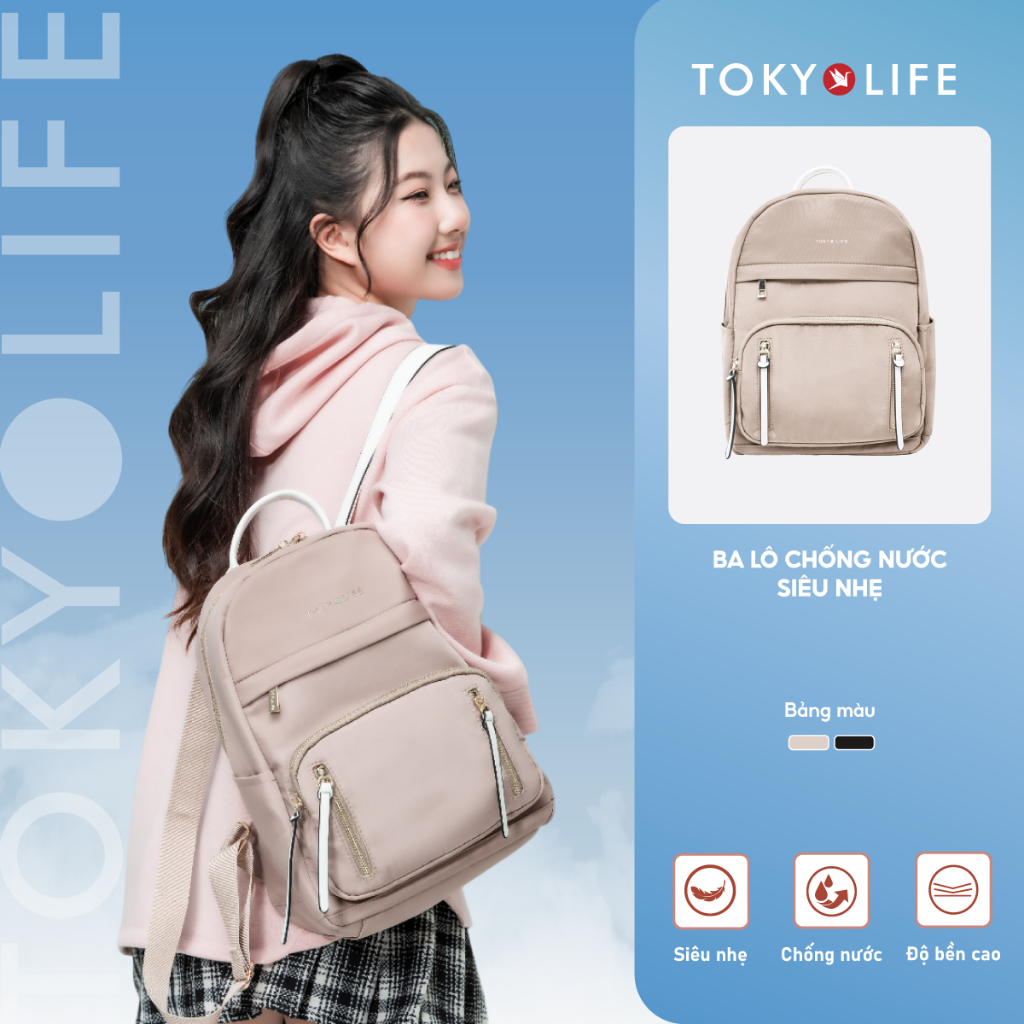 Balo đi học basic TOKYOLIFE chống nước chống thấm siêu nhẹ phong cách thời trang 40001933 (24x16x33cm)