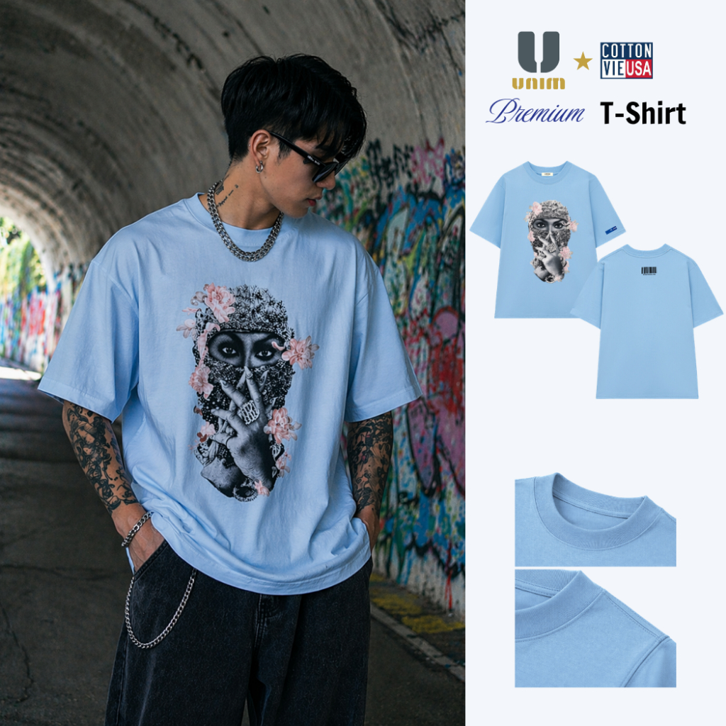 Áo Thun Drill Cô Gái Mask Hoa Hồng UnimClub Form Rộng Nam Nữ Phong Cách Street Style