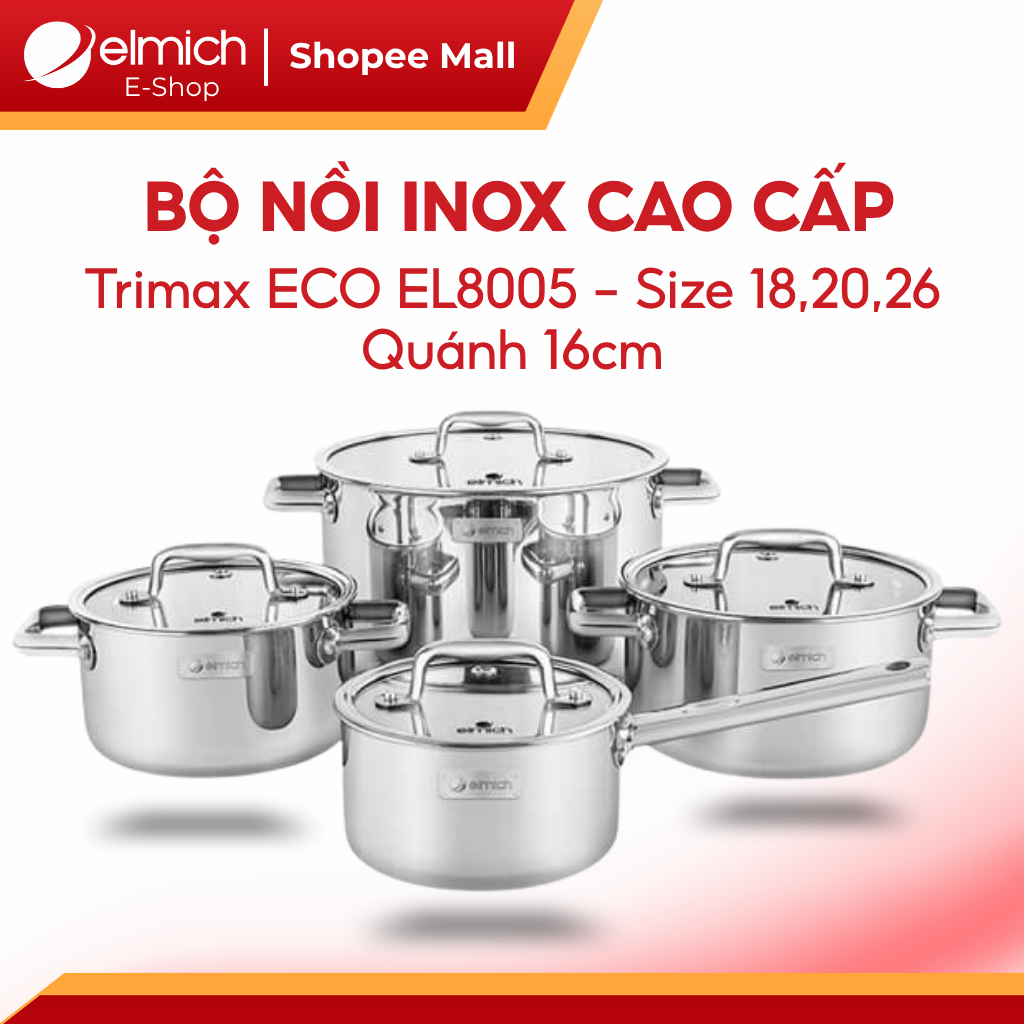 Bộ Nồi Elmich Trimax ECO 8005 | 4 Món Liền Khối Đáy Từ, Dùng Mọi Loại Bếp, Inox 3 Lớp Nấu Nhanh Bền