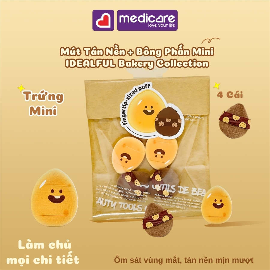 Mút Tán Nền + Bông Phấn Mini IDEALFUL Bakery Collection 4 Cái