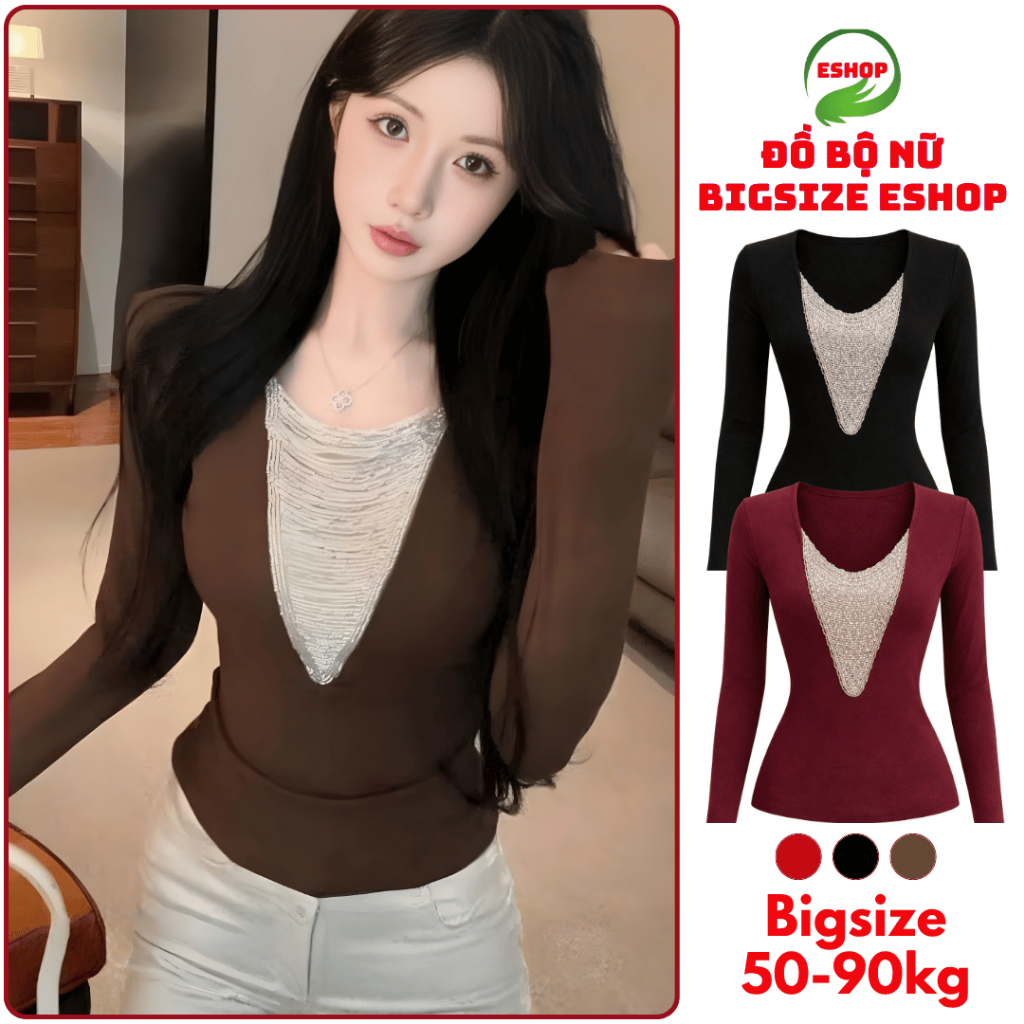 Áo Thun Nữ Tay Dài Cổ V Phối Cườm MS558 Thun Cotton Co Giãn Ôm Body Sang Chảnh ESHOP Bigsize 45-85kg