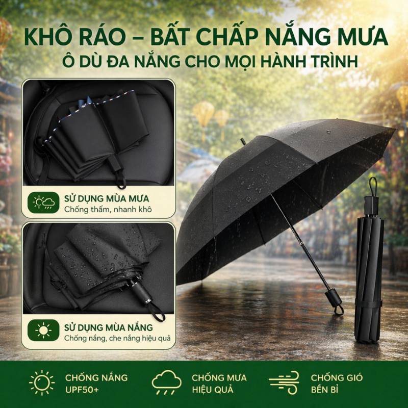 Ô che mưa gấp gọn 140CM, 12 Xương Siêu Bền, Chống Nắng Mưa, Che Phủ Rộng Cho 3 Người