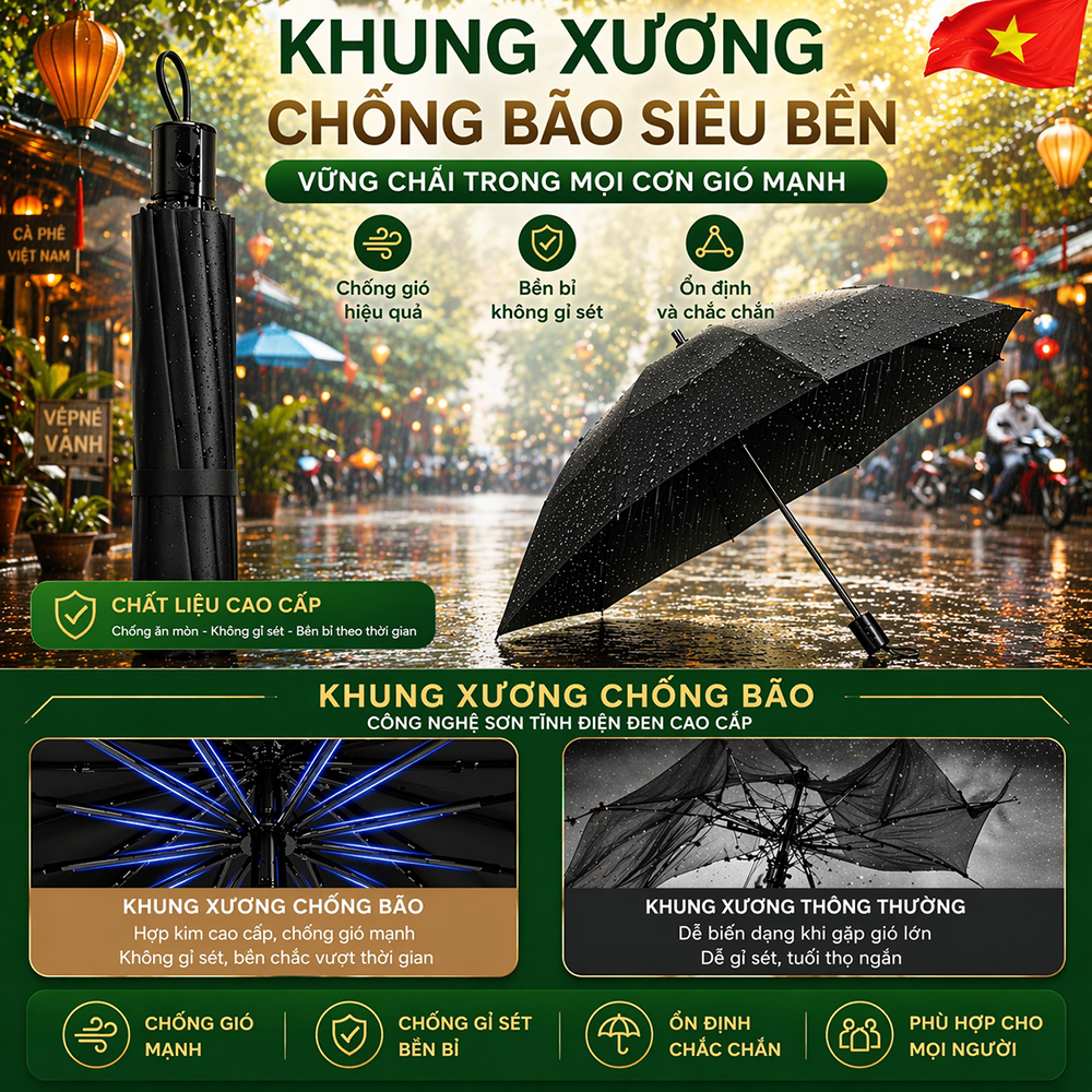 Ô che mưa gấp gọn 140CM, 12 Xương Siêu Bền, Chống Nắng Mưa, Che Phủ Rộng Cho 3 Người