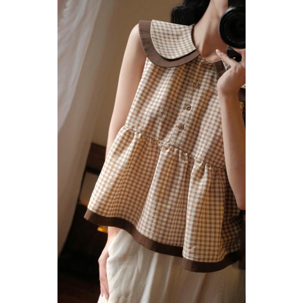 Set Áo Caro Cổ Bèo Vintage + Quần Ống Rộng Nữ | Bộ Đồ Hàn Quốc Babydoll Dễ Thương, Form Rộng Che Dáng Joolate