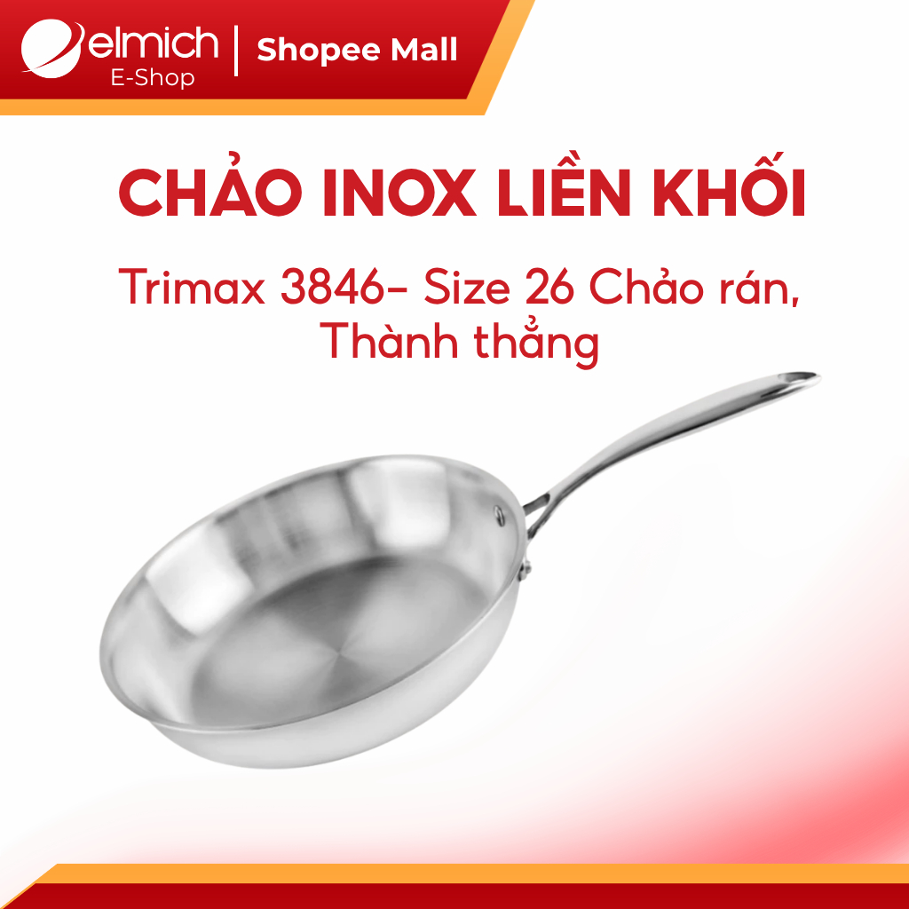 Chảo Inox 304 Nguyên Khối Elmich Trimax EL-3846 | Chảo Rán Thành Thẳng, Dùng Bếp Từ