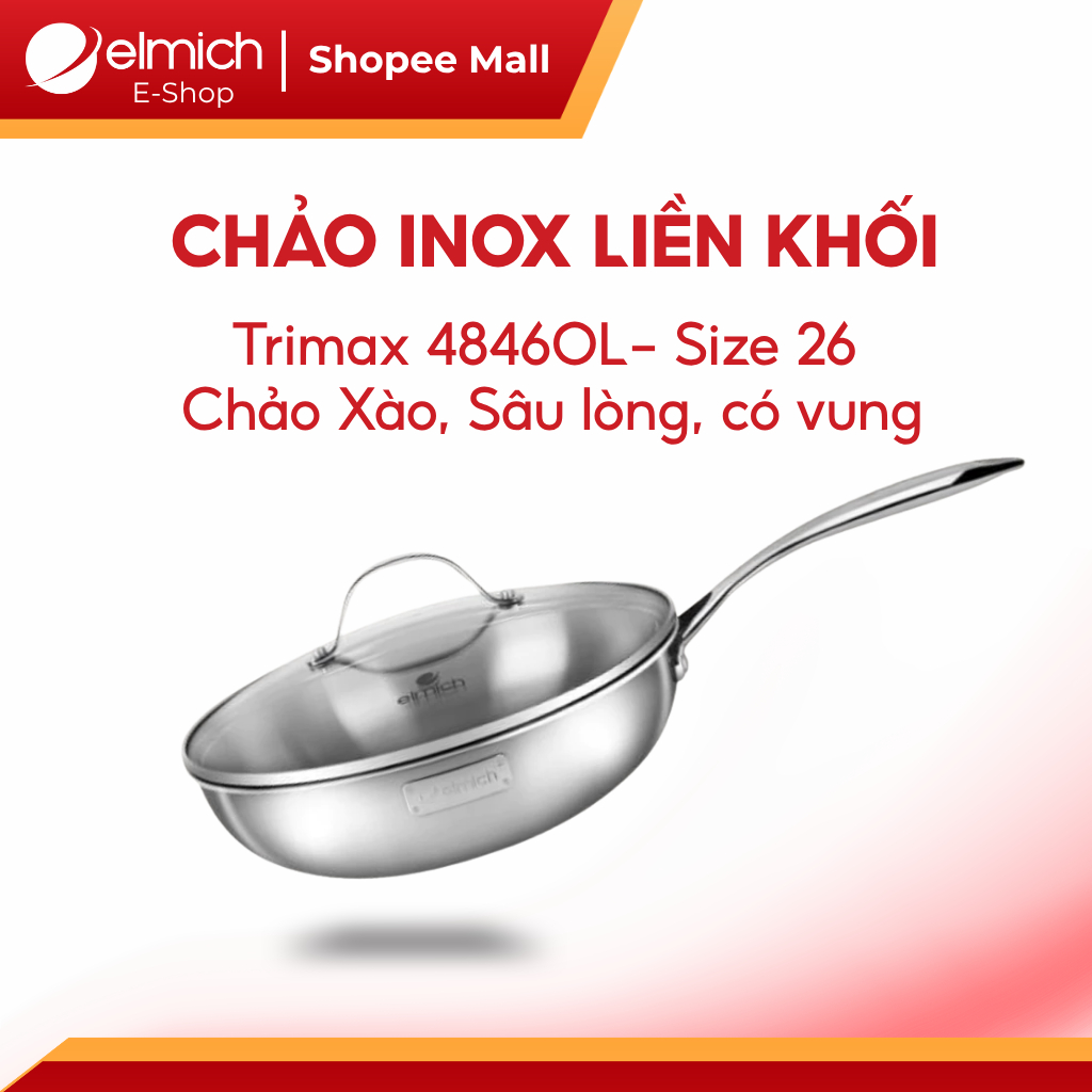 Chảo Xào Sâu lòng Inox 304 Nguyên Khối, 3 lớp liền thân Elmich Trimax 4846OL 26cm, Bếp Từ, Có Vung