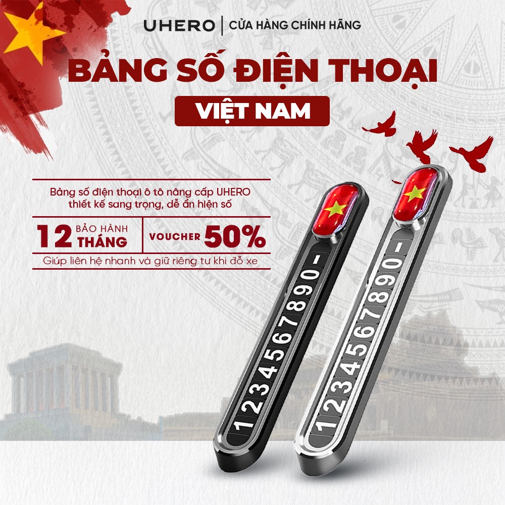 Bảng số điện thoại ô tô UHERO logo cờ tổ quốc gắn taplo tiện lợi, bộ số nam châm phản quang
