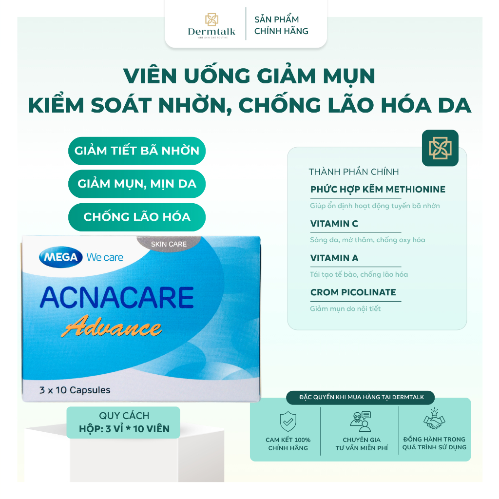 Viên uống giảm mụn, giảm nhờn, chống lão hóa da Acnacare Advance (Hộp 30 Viên) - Giải pháp giảm mụn, làm mịn da