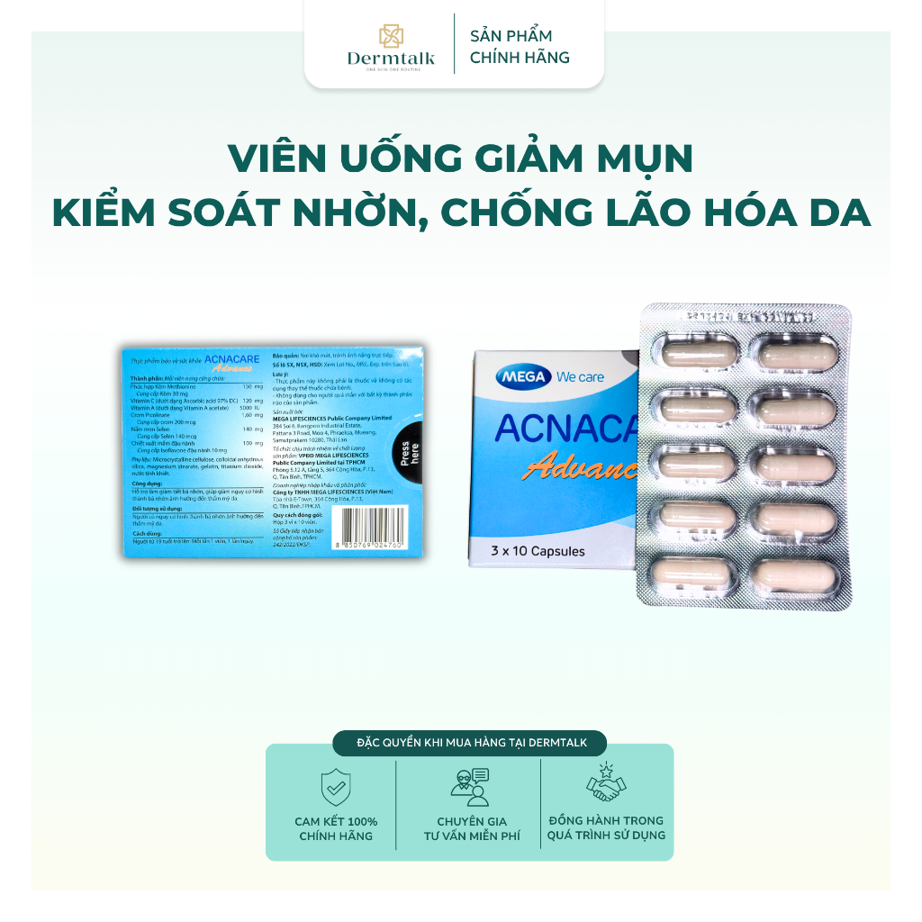 Viên uống giảm mụn, giảm nhờn, chống lão hóa da Acnacare Advance (Hộp 30 Viên) - Giải pháp giảm mụn, làm mịn da
