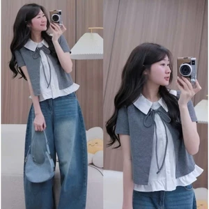 Áo Thun Babydoll Nữ Phối Cổ Sơ Mi Buộc Nơ , Áo Kiểu Tay Bồng Tiểu Thư Hàn Quốc Dễ Thương