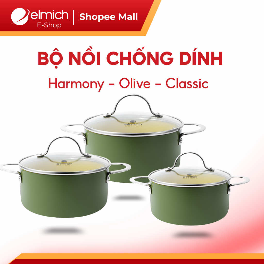 Bộ Nồi Nhôm Chống Dính Ceramic Cao Cấp Elmich Harmony Olive Classic, Đế Từ Tổ Ong, An Toàn Bền Đẹp