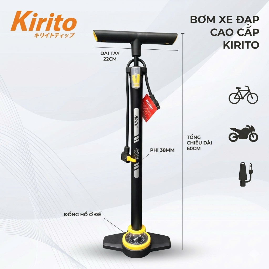 Kirito Japan Bơm Xe Đạp 7032B Bơm Tay Ống 38mm Dài 65cm Có Đồng Hồ Áp Suất