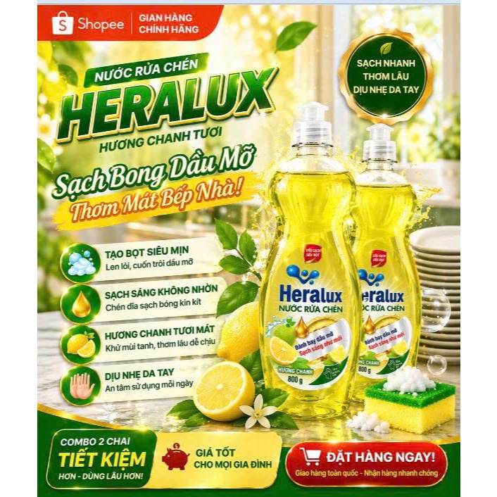 Combo2 chai Nước Rửa Chén Heralux Hương Chanh 800g – Sạch Bóng Dầu Mỡ, Tạo Bọt Nhiều, Dịu Nhẹ Da Tay