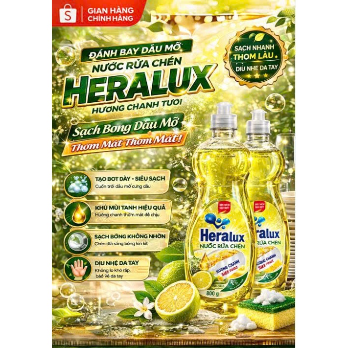 Combo2 chai Nước Rửa Chén Heralux Hương Chanh 800g – Sạch Bóng Dầu Mỡ, Tạo Bọt Nhiều, Dịu Nhẹ Da Tay