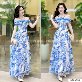 Đầm thời trang nữ mặc đi biển chất voan hoa cổ yếm hở vai váy xòe dài maxi màu xanh