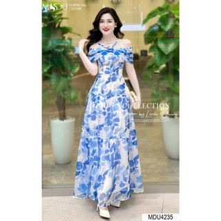 Đầm thời trang nữ mặc đi biển chất voan hoa cổ yếm hở vai váy xòe dài maxi màu xanh