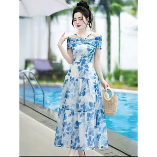 Đầm thời trang nữ mặc đi biển chất voan hoa cổ yếm hở vai váy xòe dài maxi màu xanh