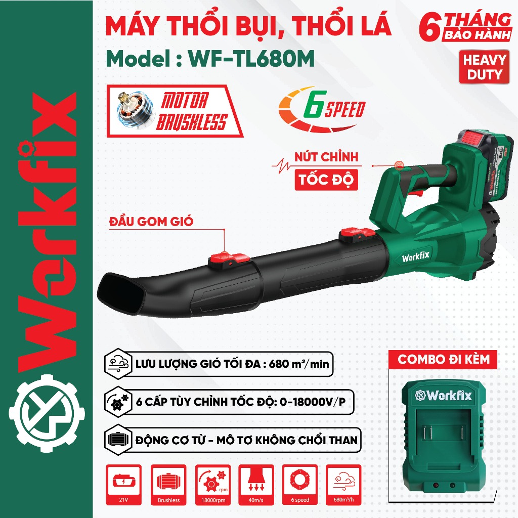 Máy Thổi Lá Workfix WF-TL680M 6 Tốc Độ, Không Chổi Than 100% Lõi Đồng  6 tốc độ Pin 15cell Chuyên Thổi Lá, Bụi, Rác,...