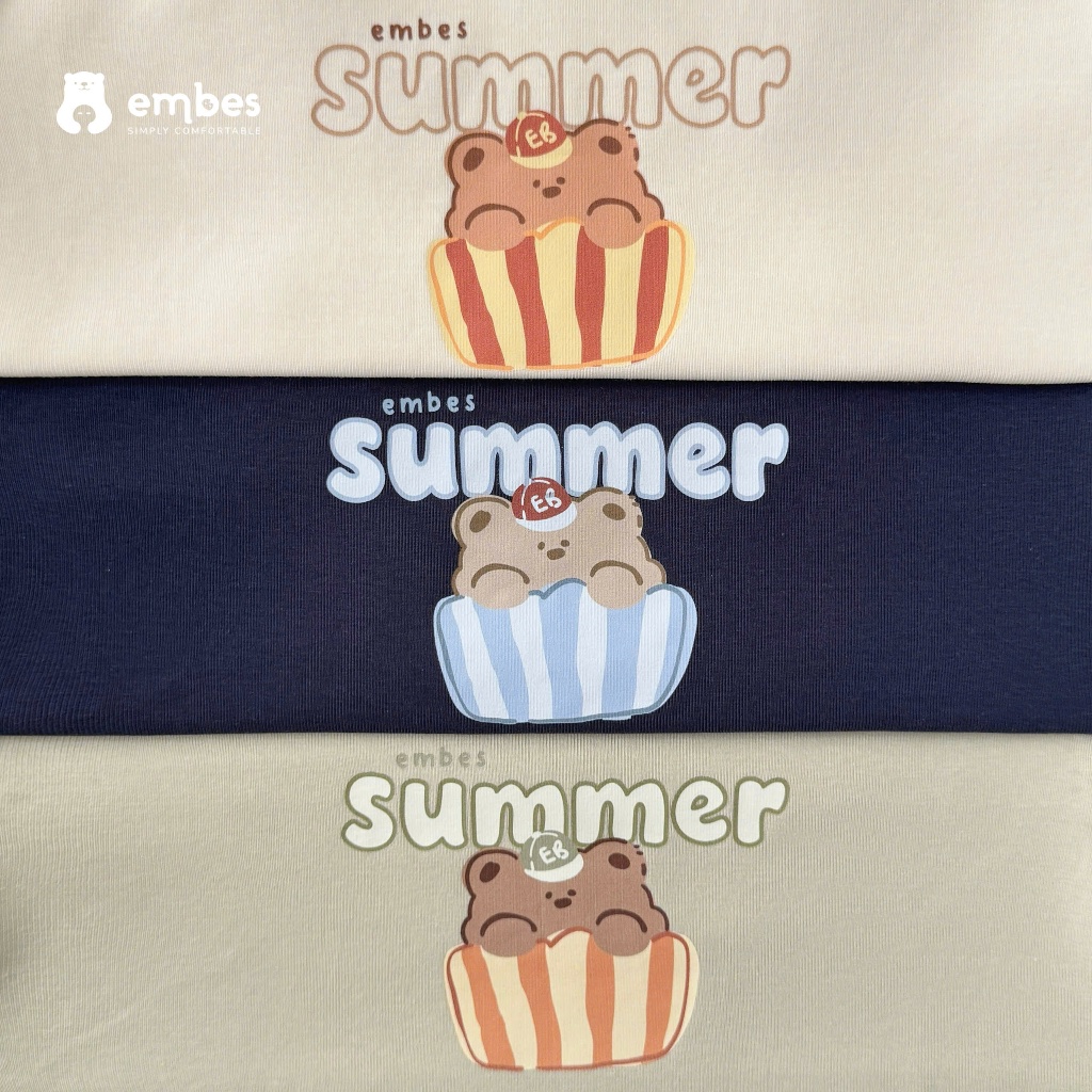 Bộ Cộc Cho Bé Embes, Bộ Cộc Tay Cổ V In Họa Tiết Summer Chất Mềm Mát Cho Bé Trai Bé Gái Từ 8-17Kg