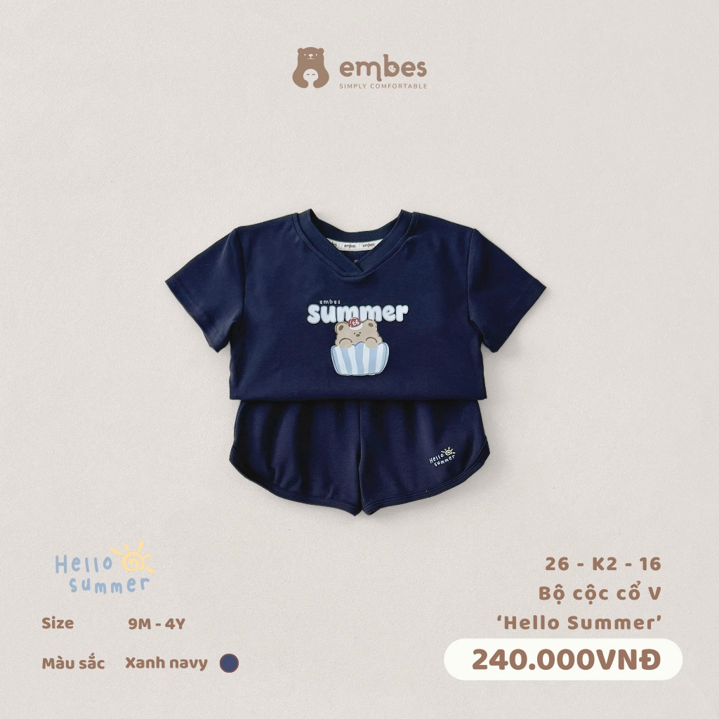 Bộ Cộc Cho Bé Embes, Bộ Cộc Tay Cổ V In Họa Tiết Summer Chất Mềm Mát Cho Bé Trai Bé Gái Từ 8-17Kg