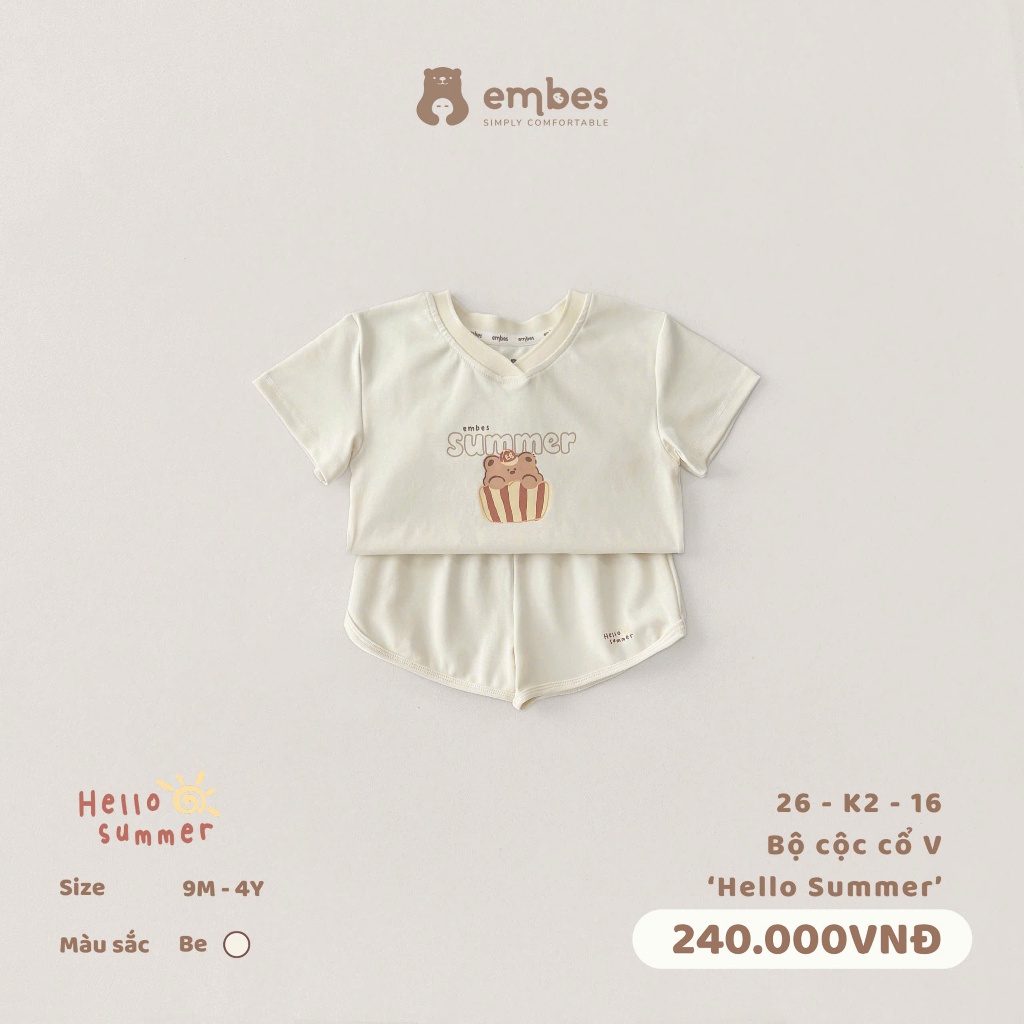 Bộ Cộc Cho Bé Embes, Bộ Cộc Tay Cổ V In Họa Tiết Summer Chất Mềm Mát Cho Bé Trai Bé Gái Từ 8-17Kg