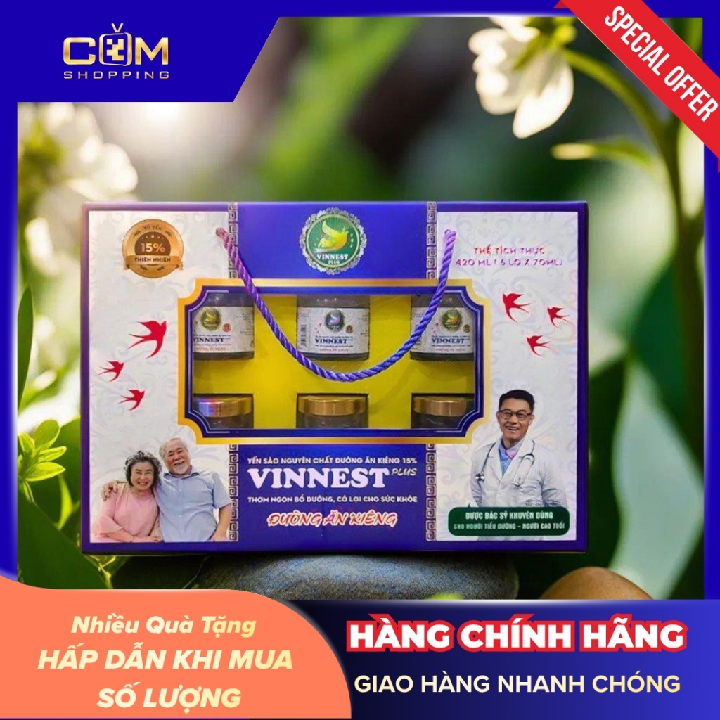 [COMBO 10 & 16 Hộp] Yến Sào Đường Ăn Kiêng VINNEST PLUS 15% Hộp 6 Lọ 70ml - Nước Yến Chưng Sẵn