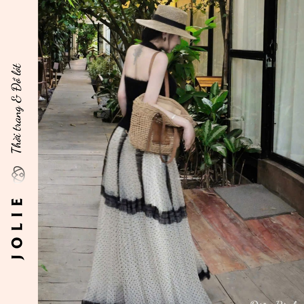 Set Chân Váy Maxi Chấm Bi Phối Tầng Voan Lưới Xòe Bồng Cao Cấp JOLIE