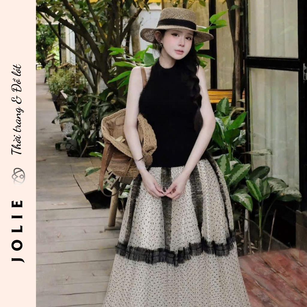 Set Chân Váy Maxi Chấm Bi Phối Tầng Voan Lưới Xòe Bồng Cao Cấp JOLIE