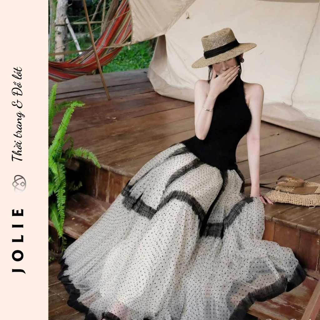 Set Chân Váy Maxi Chấm Bi Phối Tầng Voan Lưới Xòe Bồng Cao Cấp JOLIE