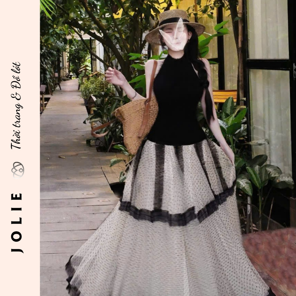 Set Chân Váy Maxi Chấm Bi Phối Tầng Voan Lưới Xòe Bồng Cao Cấp JOLIE