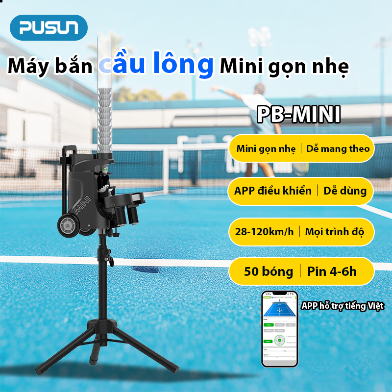 PUSUN PB-MINI Automatic Badminton Ball Machine Máy tập bóng cầu lông với điều khiển từ xa APP