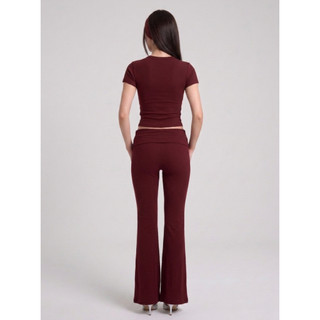 [ DEAL MỞ BÁN ] THEKIM Set Áo thun trơn cổ tròn và quần ống loe cạp gập bản to chất liệu rib cotton mềm CS337336