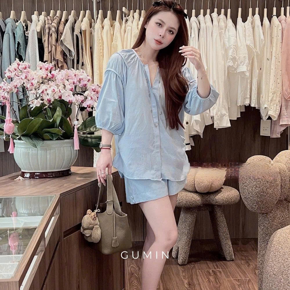 Set bộ đũi GUMIN thiết kế áo cổ vuông vai tay lỡ kèm quần sooc sang chảnh, set bộ đi biển thanh lịch tiểu thư