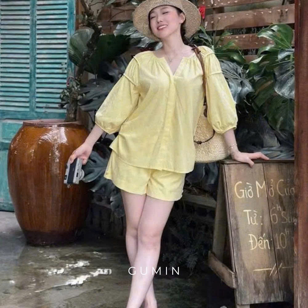 Set bộ đũi GUMIN thiết kế áo cổ vuông vai tay lỡ kèm quần sooc sang chảnh, set bộ đi biển thanh lịch tiểu thư