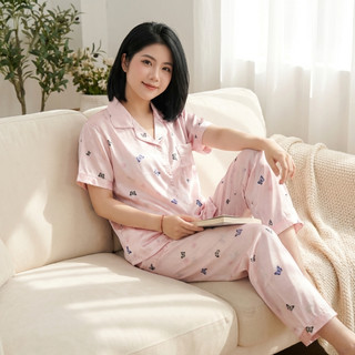 Bộ Đồ Ngủ Nữ Lụa Cước Ánh Kim Xanh Băng Họa Tiết Bướm Tay Ngắn Quần Dài Pijama Mặc Nhà Cao Cấp