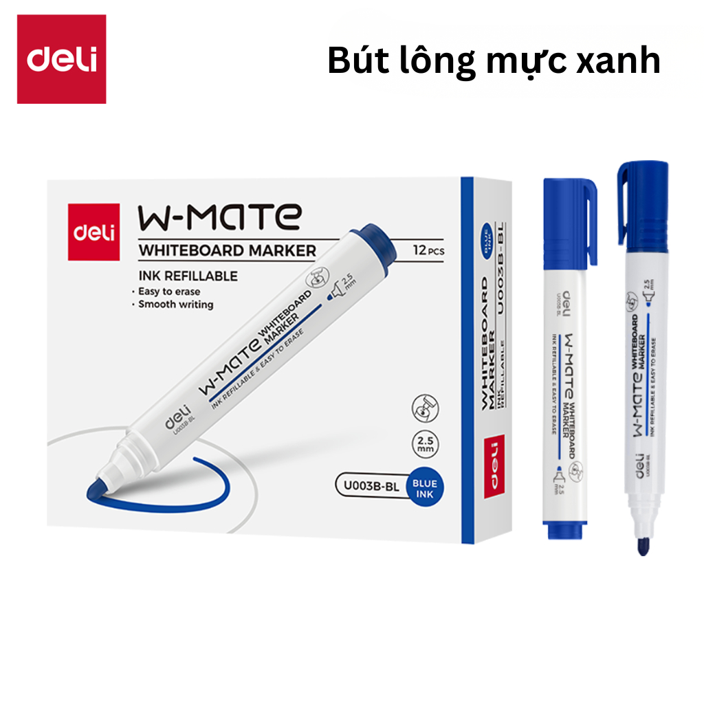 Bút Lông Bảng Thế Hệ Mới Deli W-Mate Thay Được Mực Xanh Đen Đỏ Ngòi 2.5mm Mực Lau Sạch