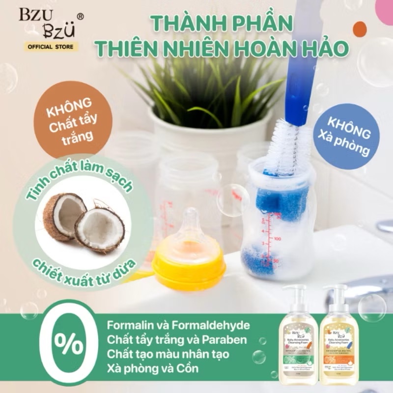 Nước rửa bình sữa cho bé Bzu Bzu tạo bọt,thành phần tự nhiên lành tính.