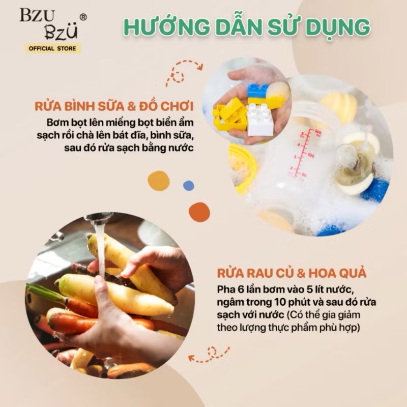 Nước rửa bình sữa cho bé Bzu Bzu tạo bọt,thành phần tự nhiên lành tính.