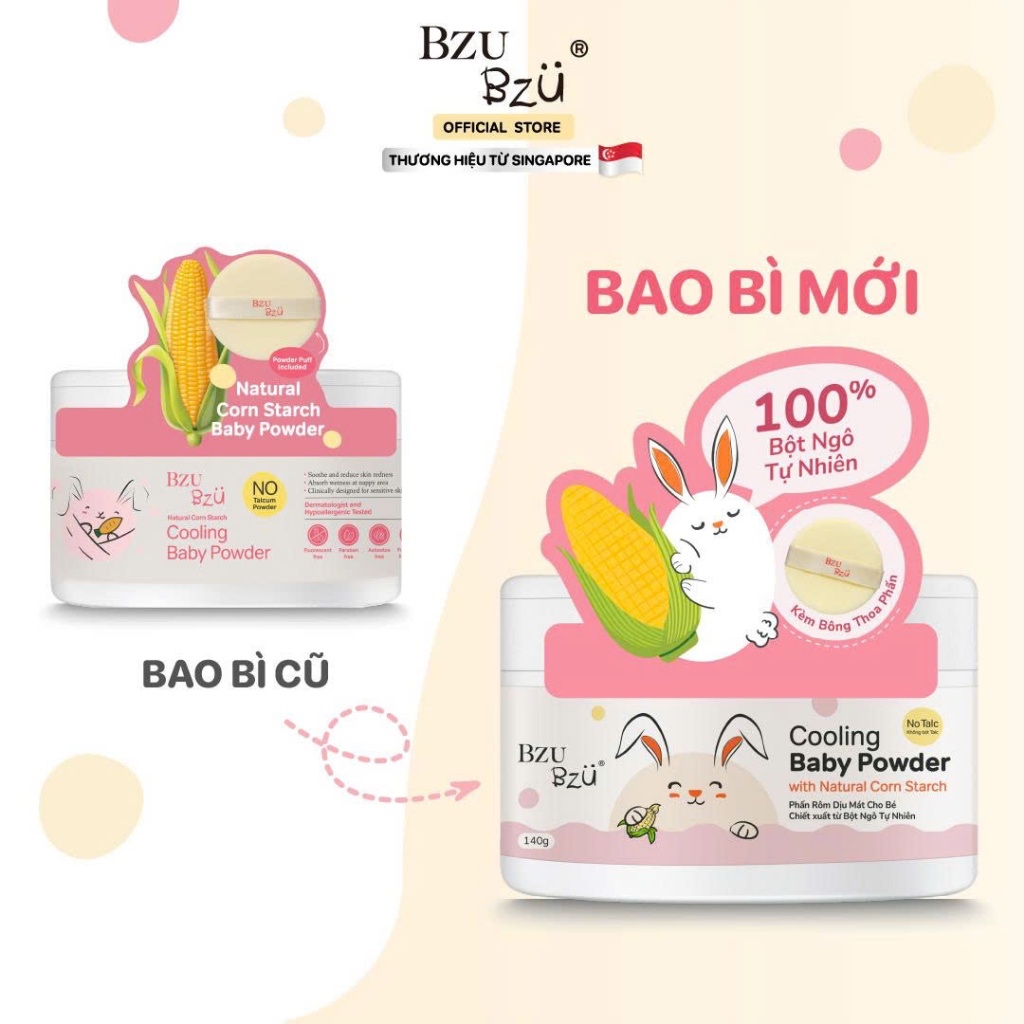 Phấn Rôm Bzu Bzu Baby Cooling Powder 140g, Tinh Bột Ngô Giảm Hăm Rôm Sảy Cho Bé