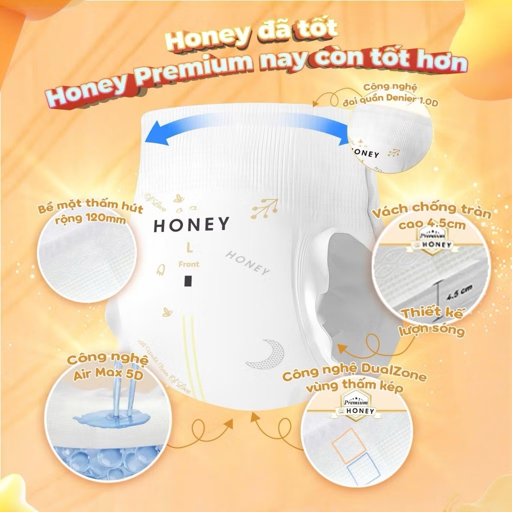 Tã bỉm dán/quần Honey Premium tơ tằm chính hãng cho bé đủ size, siêu mềm mịn, thấm hút, co giãn