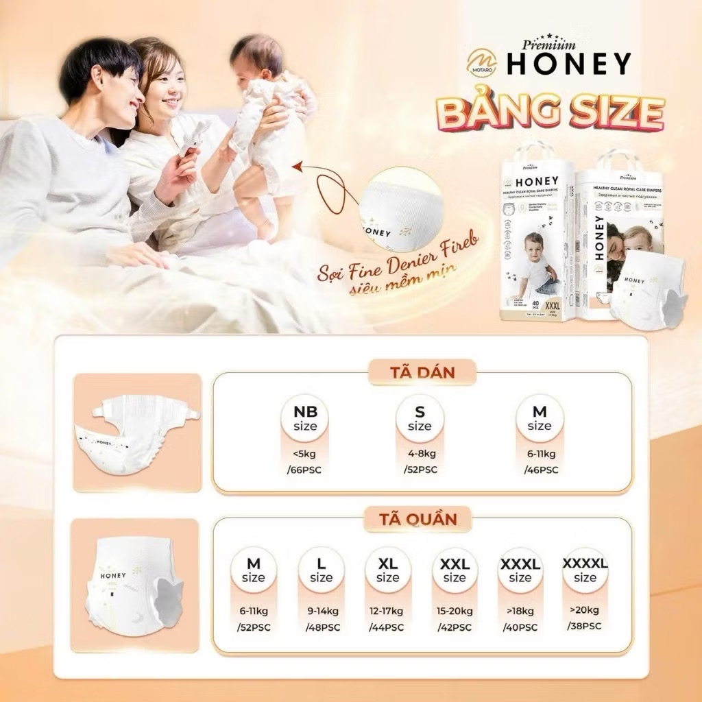 Tã bỉm dán/quần Honey Premium tơ tằm chính hãng cho bé đủ size, siêu mềm mịn, thấm hút, co giãn