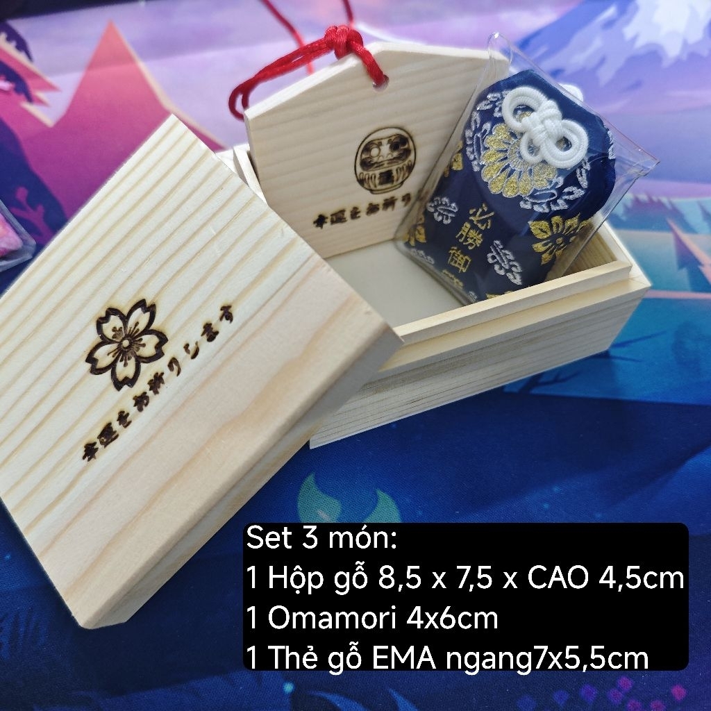 [HỘP QUÀ MAY MẮN NHẬT BẢN] SET 3 MÓN HỘP GỖ OMAMORI THẺ EMA