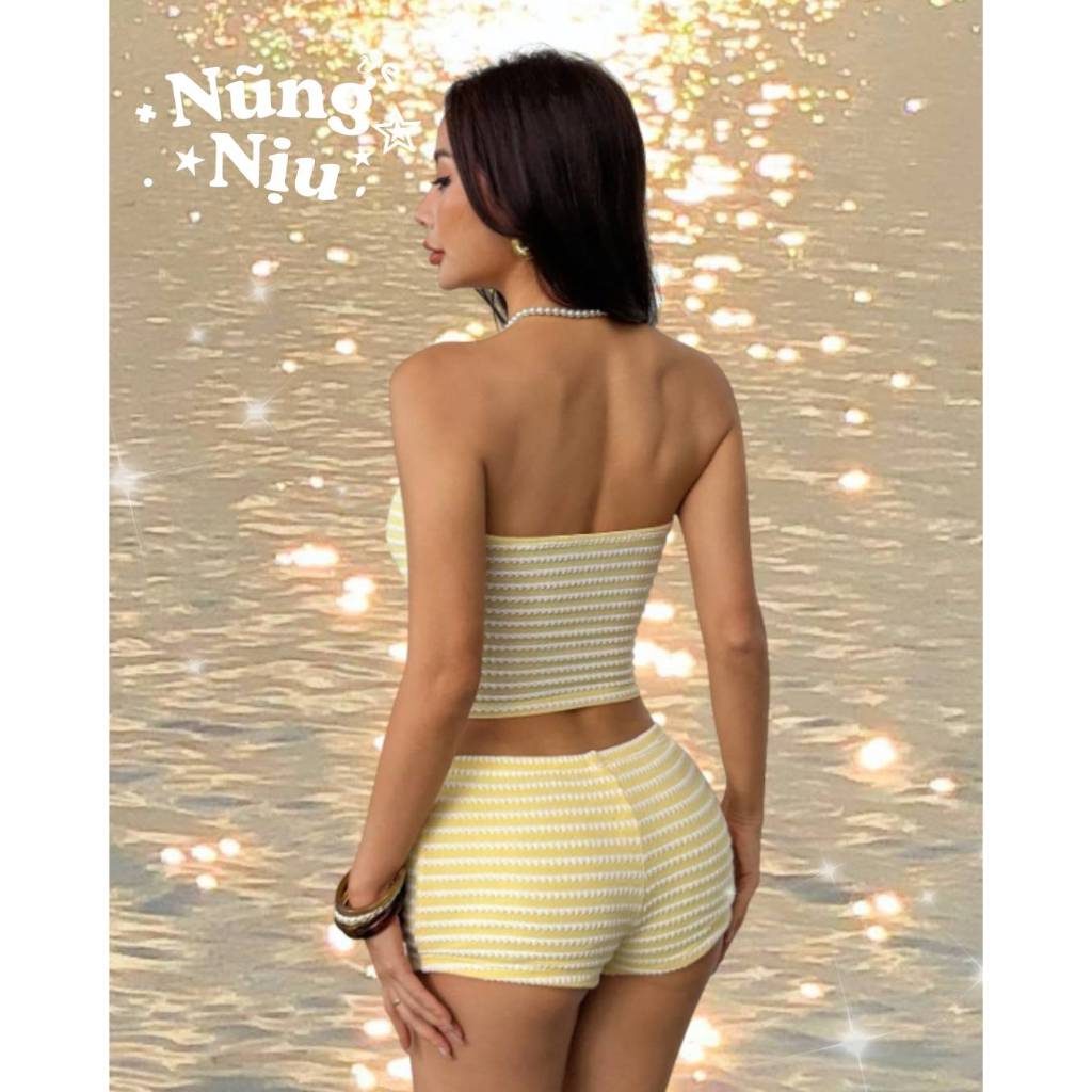 SẴN M -Set Đi Biển Mùa Hè Màu Vàng Bơ Mới, Áo Ống Dệt Kim Và Quần Short - 𝐁𝐮𝐭𝐭𝐞𝐫 𝐒𝐞𝐭