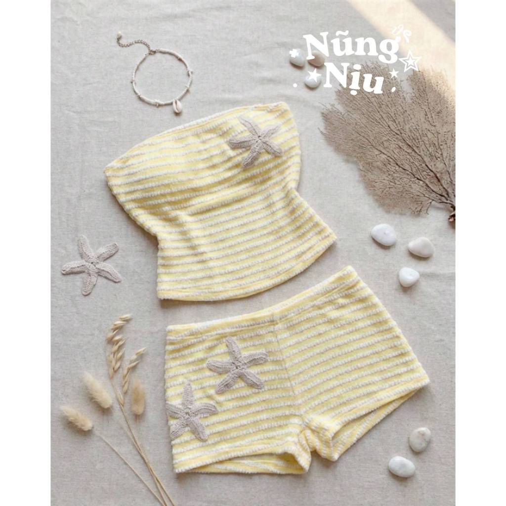 SẴN M -Set Đi Biển Mùa Hè Màu Vàng Bơ Mới, Áo Ống Dệt Kim Và Quần Short - 𝐁𝐮𝐭𝐭𝐞𝐫 𝐒𝐞𝐭