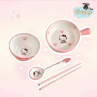 Bộ Bát Sứ Hello Kitty Cute 4 Món | Tô Sứ, Bát, Muỗng, Đũa Dễ Thương | Đồ Bếp Dễ Thương