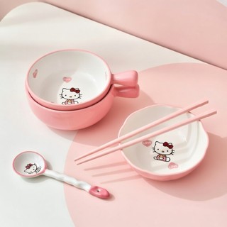 Bộ Bát Sứ Hello Kitty Cute 4 Món | Tô Sứ, Bát, Muỗng, Đũa Dễ Thương | Đồ Bếp Dễ Thương